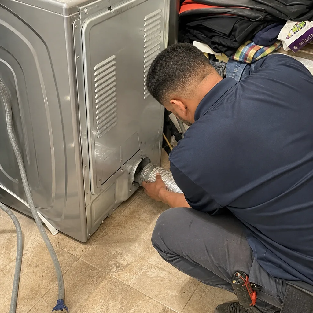 Technician connecting a metal flexible dryer vent duct to a dryer