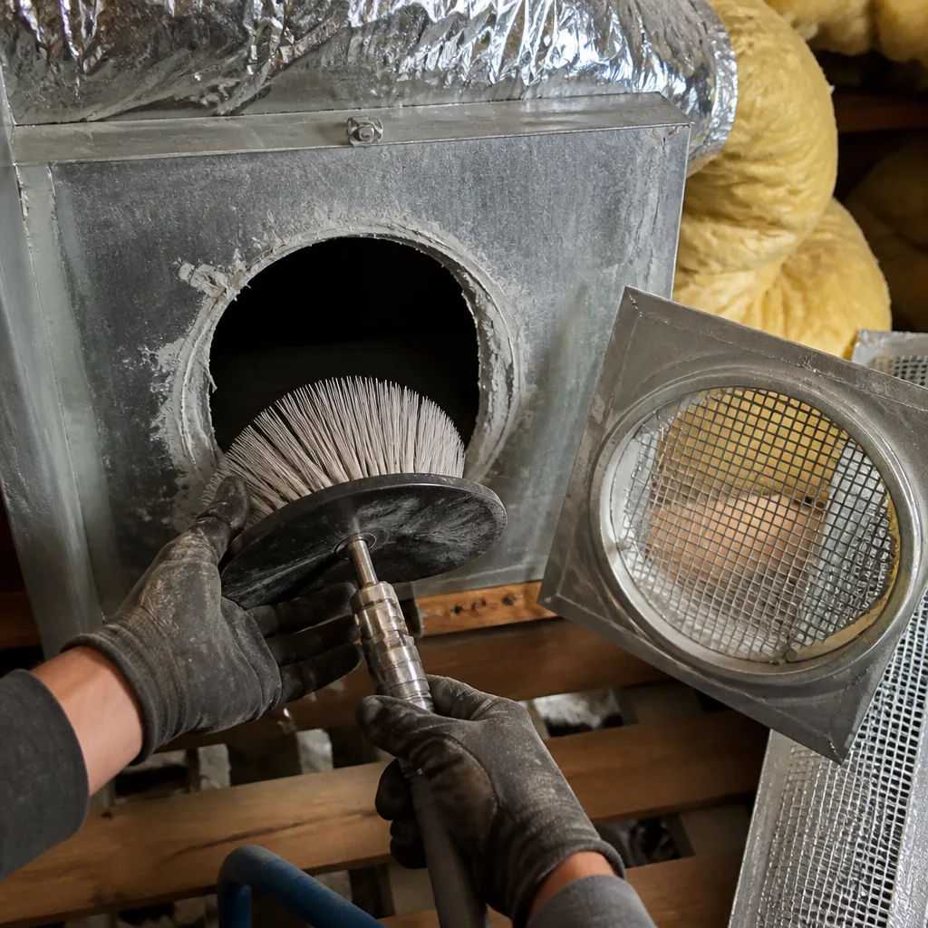 Technician using a rotary brush to clean professional air ducting