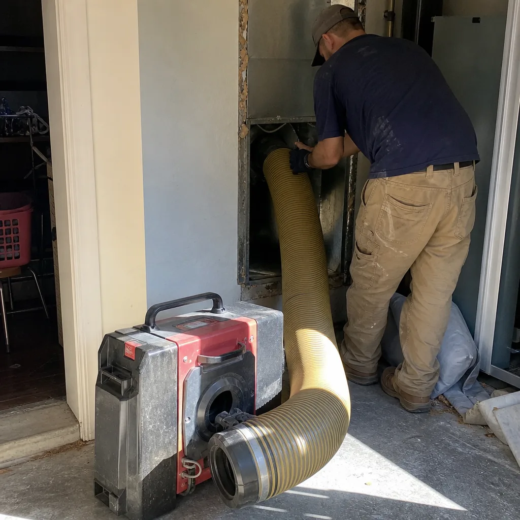HVAC technician performing professional air duct sealing service with specialized equipment