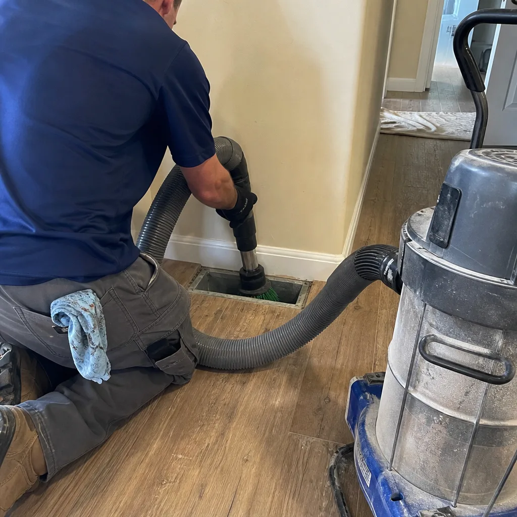 Technician performing professional air duct cleaning and vacuuming service